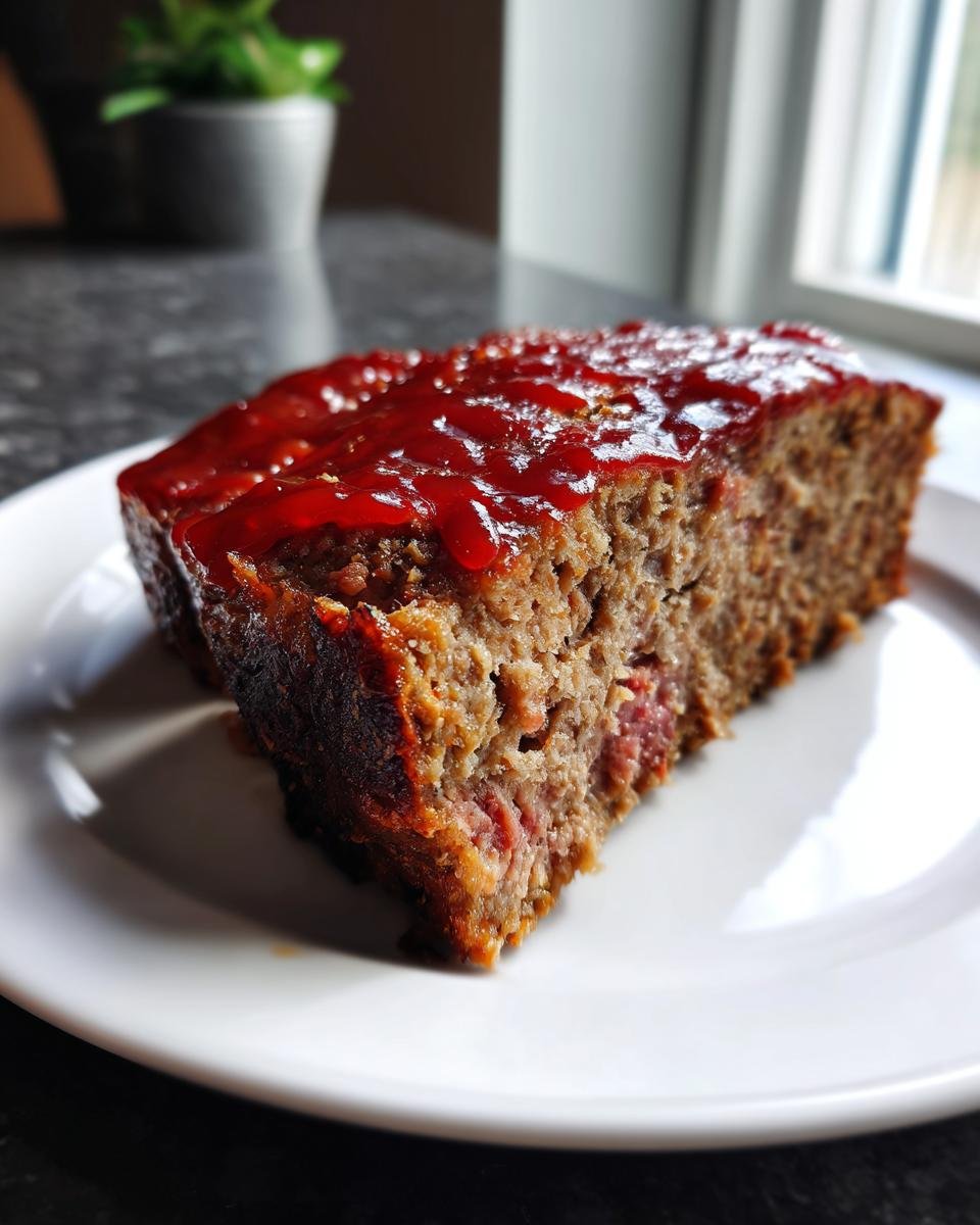A thick slice of Air Fryer Meatloaf topped with a shiny red glaze, served on a white plate.