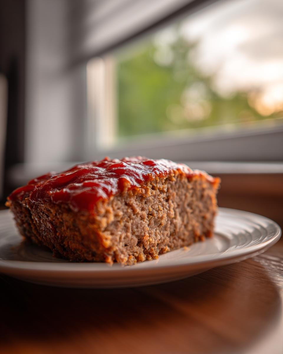 A thick slice of moist Air Fryer Meatloaf topped with a shiny red ketchup glaze, resting on a white plate.