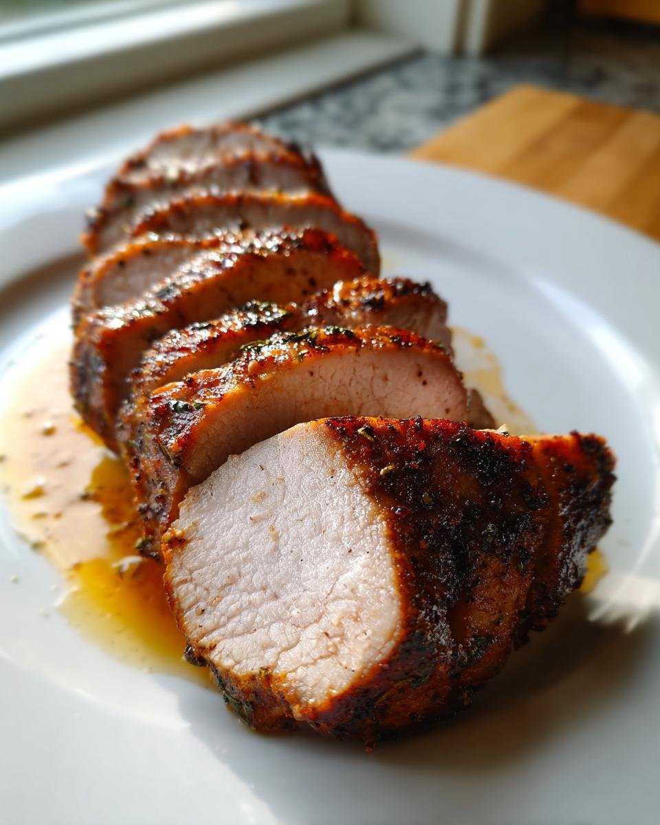 Close-up of perfectly cooked and sliced Air Fryer Pork Tenderloin resting in its juices on a white plate.