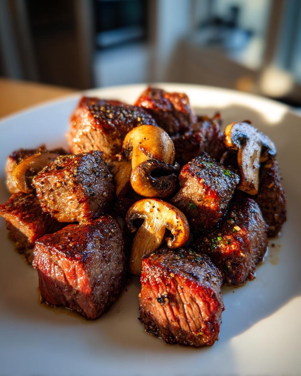 Close-up of juicy, seasoned Air Fryer Steak Bites With Mushrooms piled on a white plate.