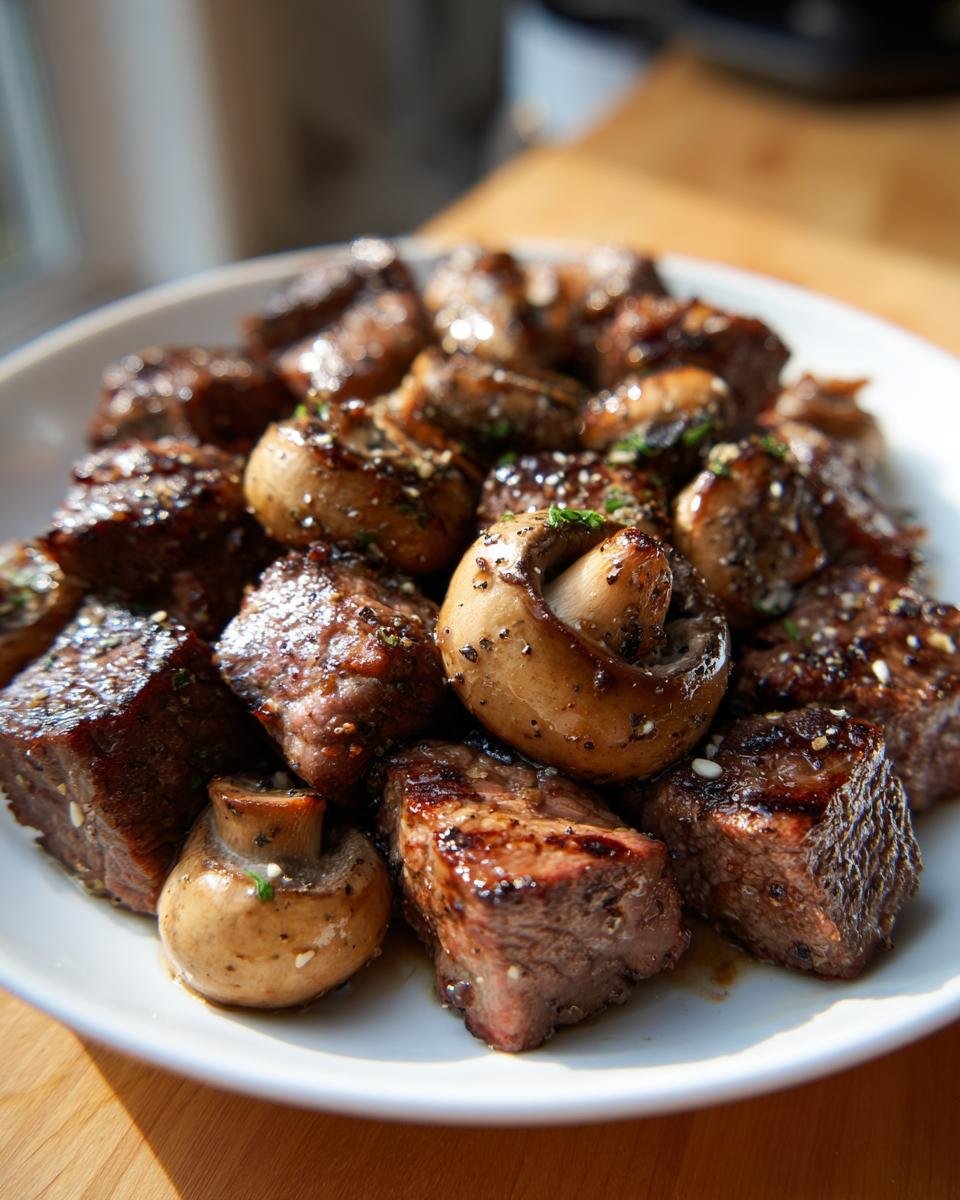 Close-up of juicy Air Fryer Steak Bites With Mushrooms seasoned and served on a white plate.