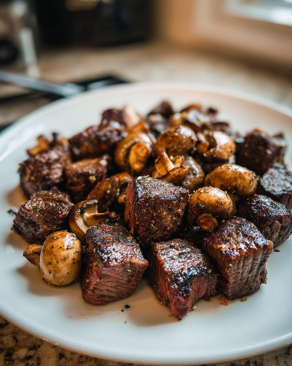A close-up of seasoned, juicy Air Fryer Steak Bites With Mushrooms piled on a white plate.
