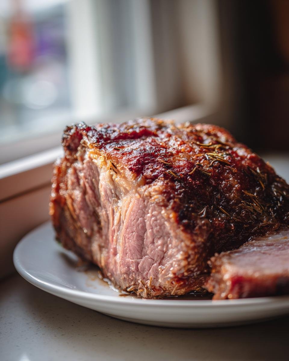 Close-up of a juicy, perfectly cooked Pork Roast with a browned, herbed crust, resting on a white plate.