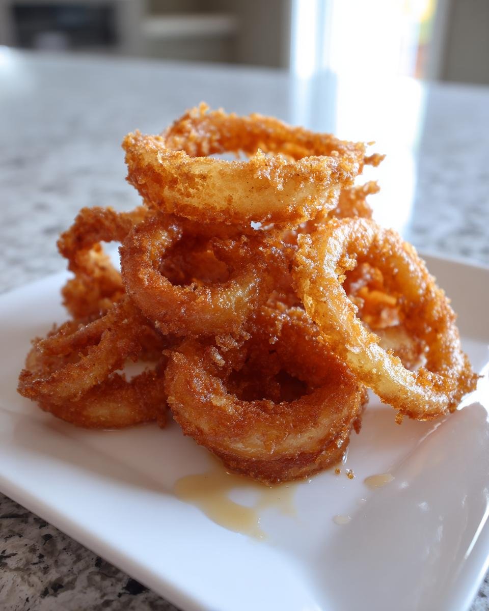 A close-up stack of golden brown, crispy Onion Rings served on a white rectangular plate.