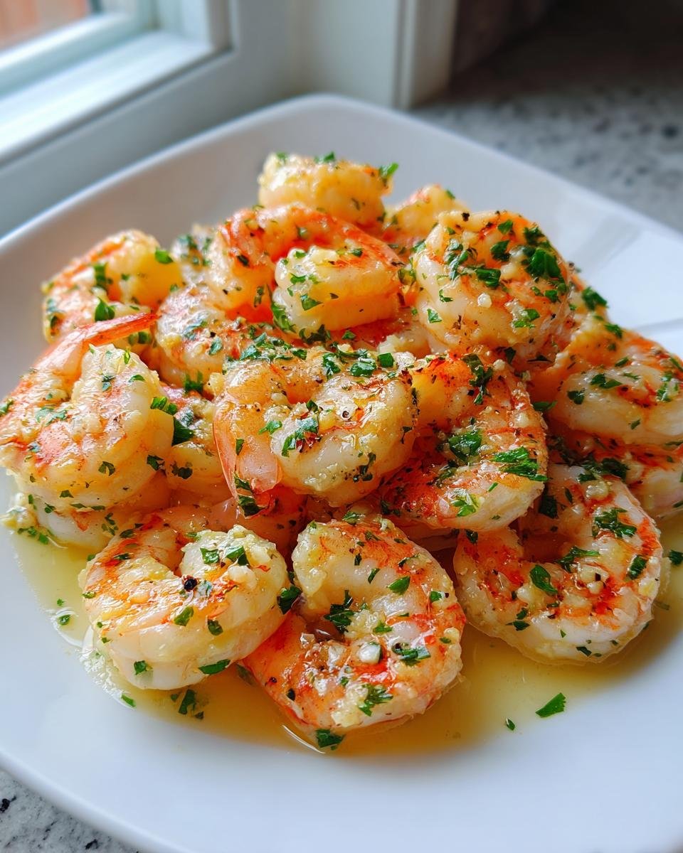 A close-up of succulent, cooked Garlic Shrimp tossed in butter sauce and topped with fresh chopped parsley.