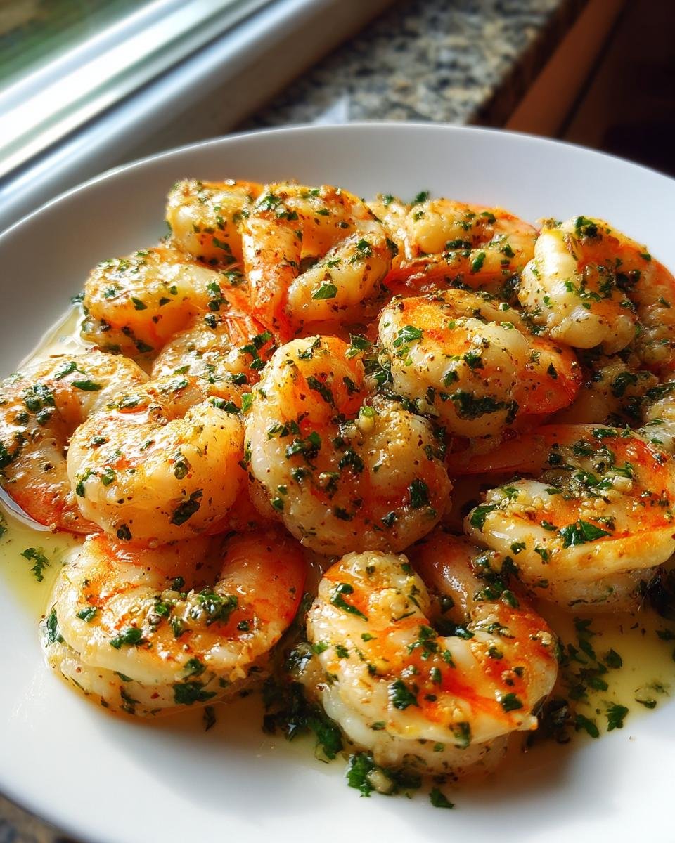 A close-up of plump, cooked Garlic Shrimp coated in butter, minced garlic, and fresh parsley served on a white plate.