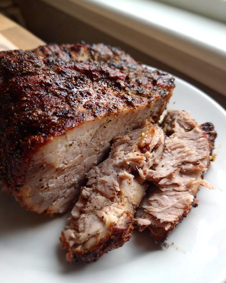Close-up of a perfectly cooked Grilled Pork Roast, sliced to show tender, juicy interior and seasoned crust.