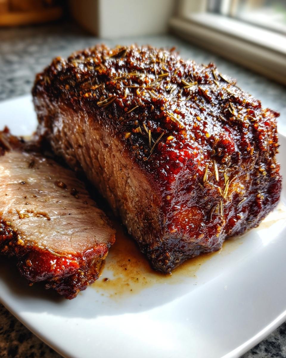 Close-up of a perfectly cooked Pork Roast with a dark, glistening herb crust, next to a freshly sliced piece.