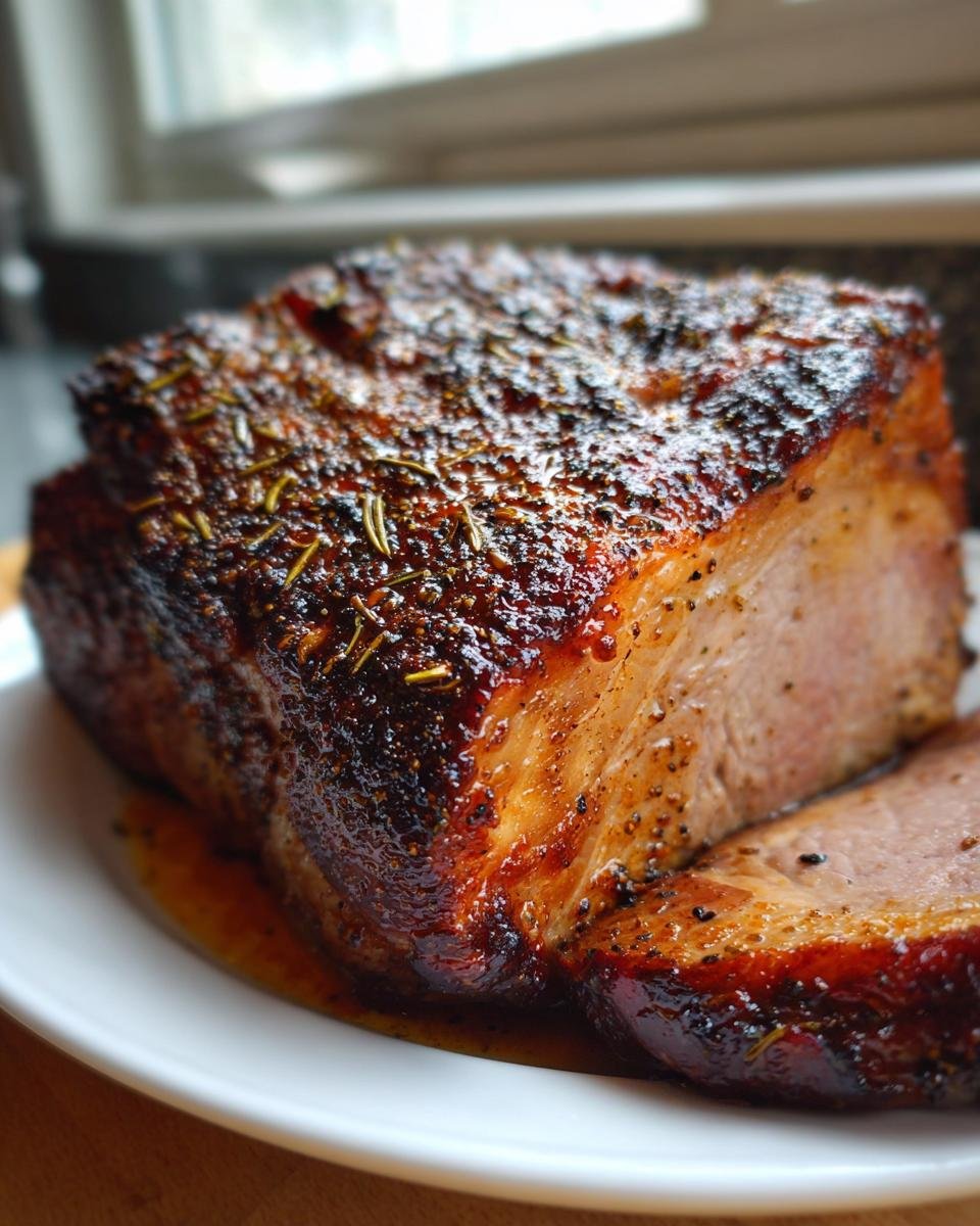 Close-up of a juicy, glazed Pork Roast with a dark, seasoned crust and a slice cut off.
