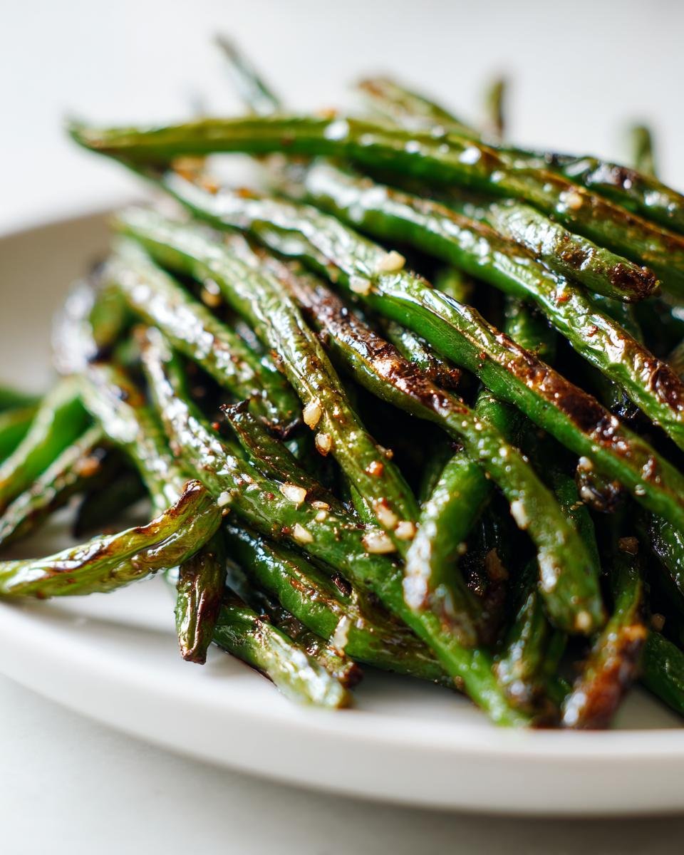 A close-up shot of perfectly seasoned and caramelized Roasted Green Beans piled on a white plate.