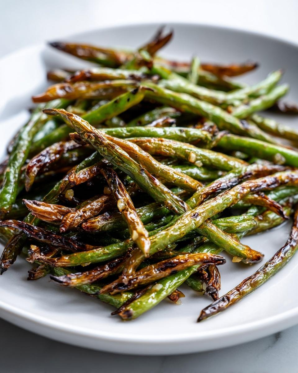 A close-up shot of perfectly Roasted Green Beans piled high on a white plate, showing caramelized and slightly charred edges.