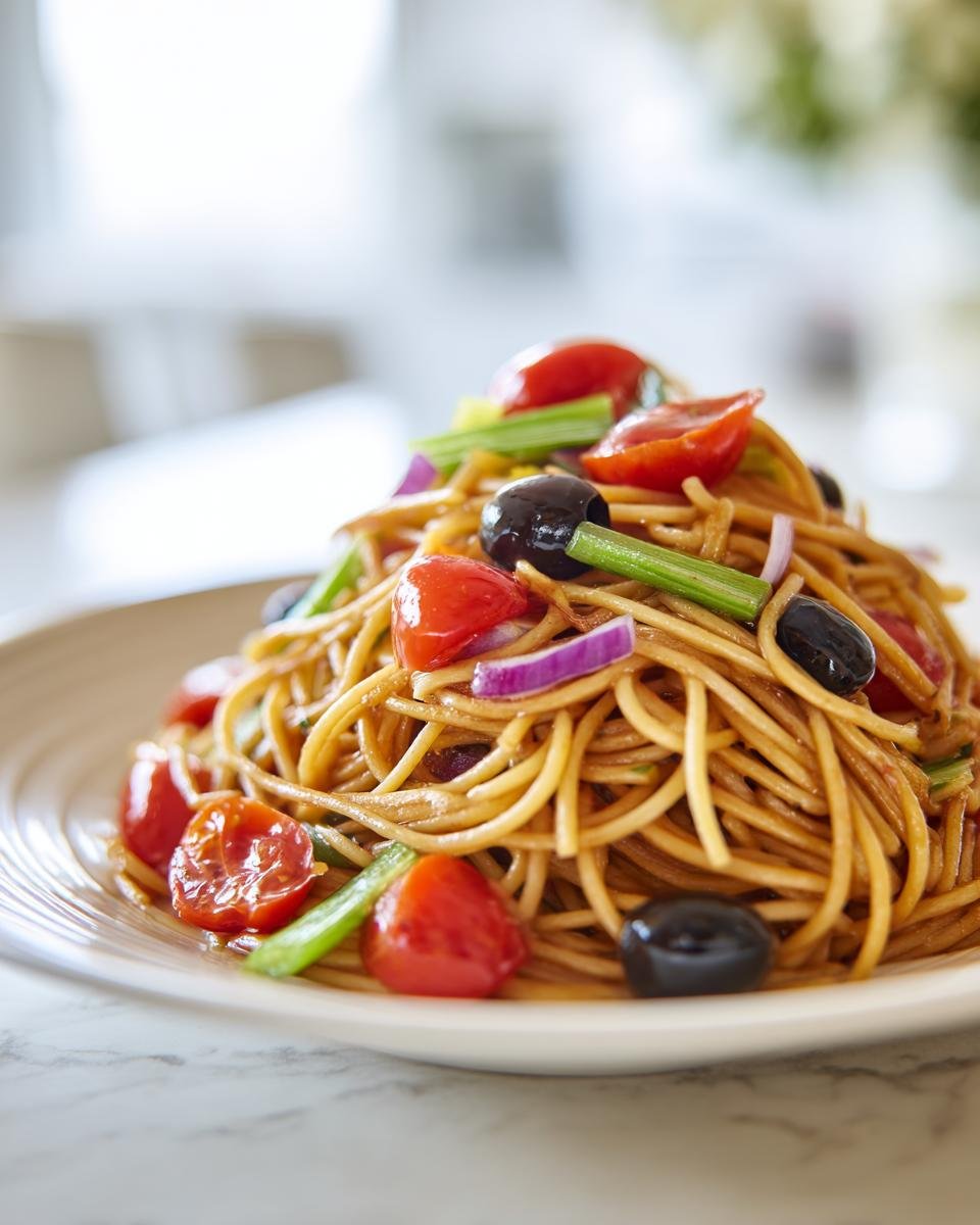 A close-up serving of colorful Spaghetti Salad featuring cherry tomatoes, black olives, and celery on a light plate.