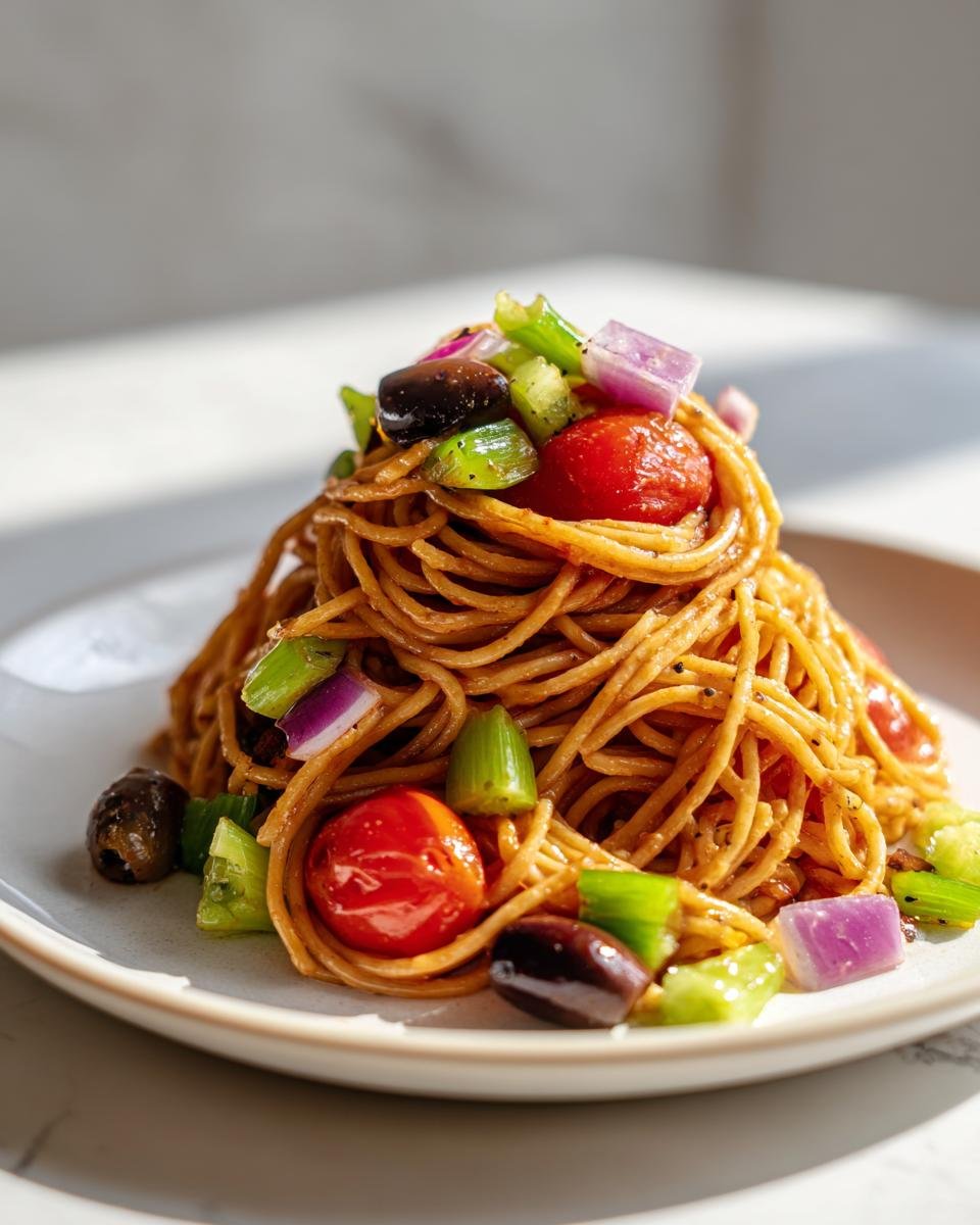 A neat mound of seasoned spaghetti salad mixed with cherry tomatoes, olives, celery, and red onion on a white plate.