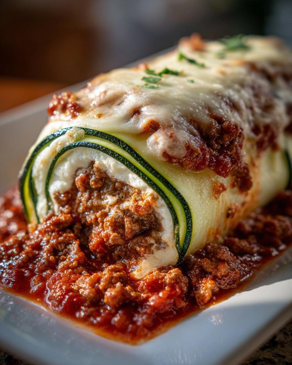 A single serving of Zucchini Lasagna Roll Ups covered in melted cheese and rich meat sauce.