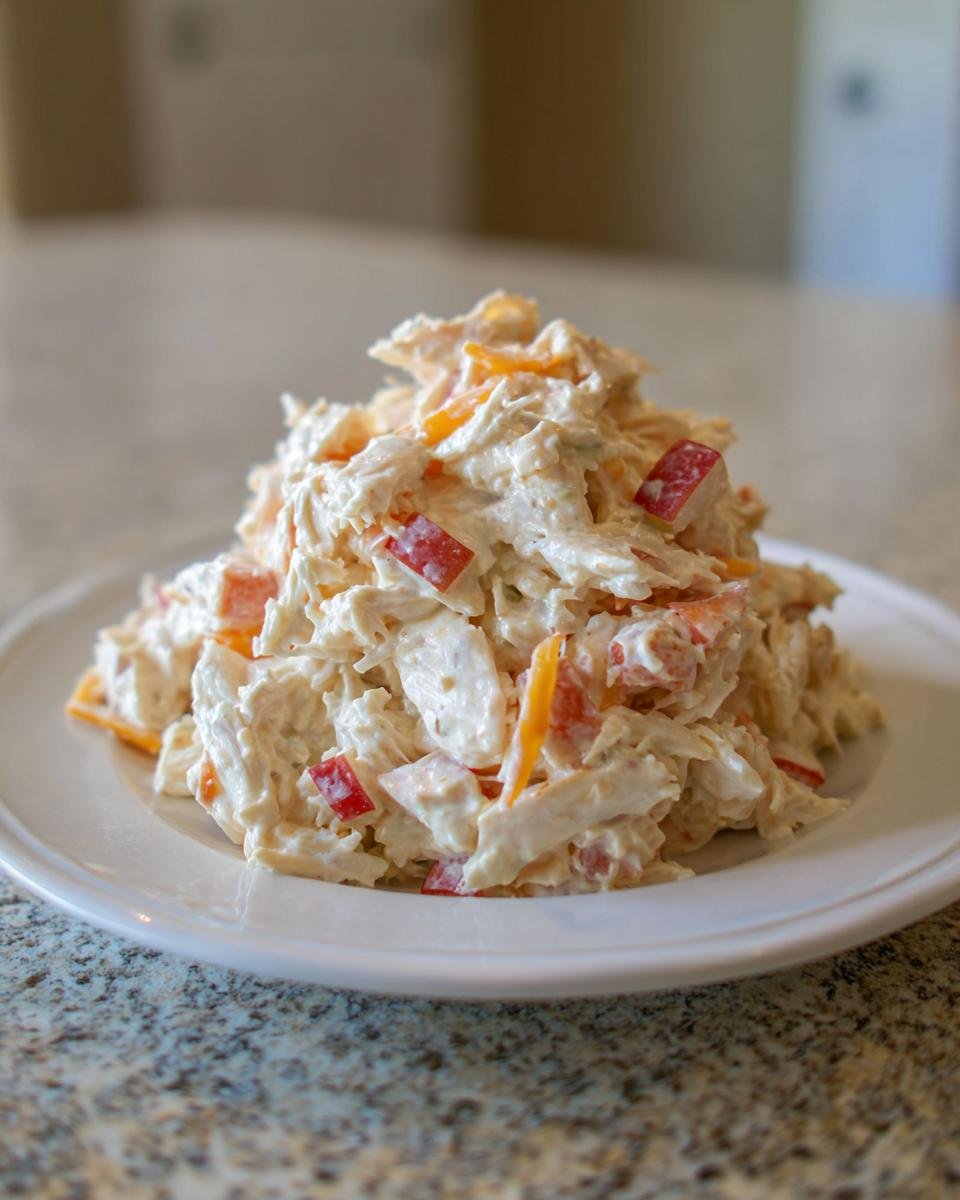 A mound of creamy Apples Cheddar Chicken Salad featuring shredded chicken, red apple chunks, and orange cheddar cheese.