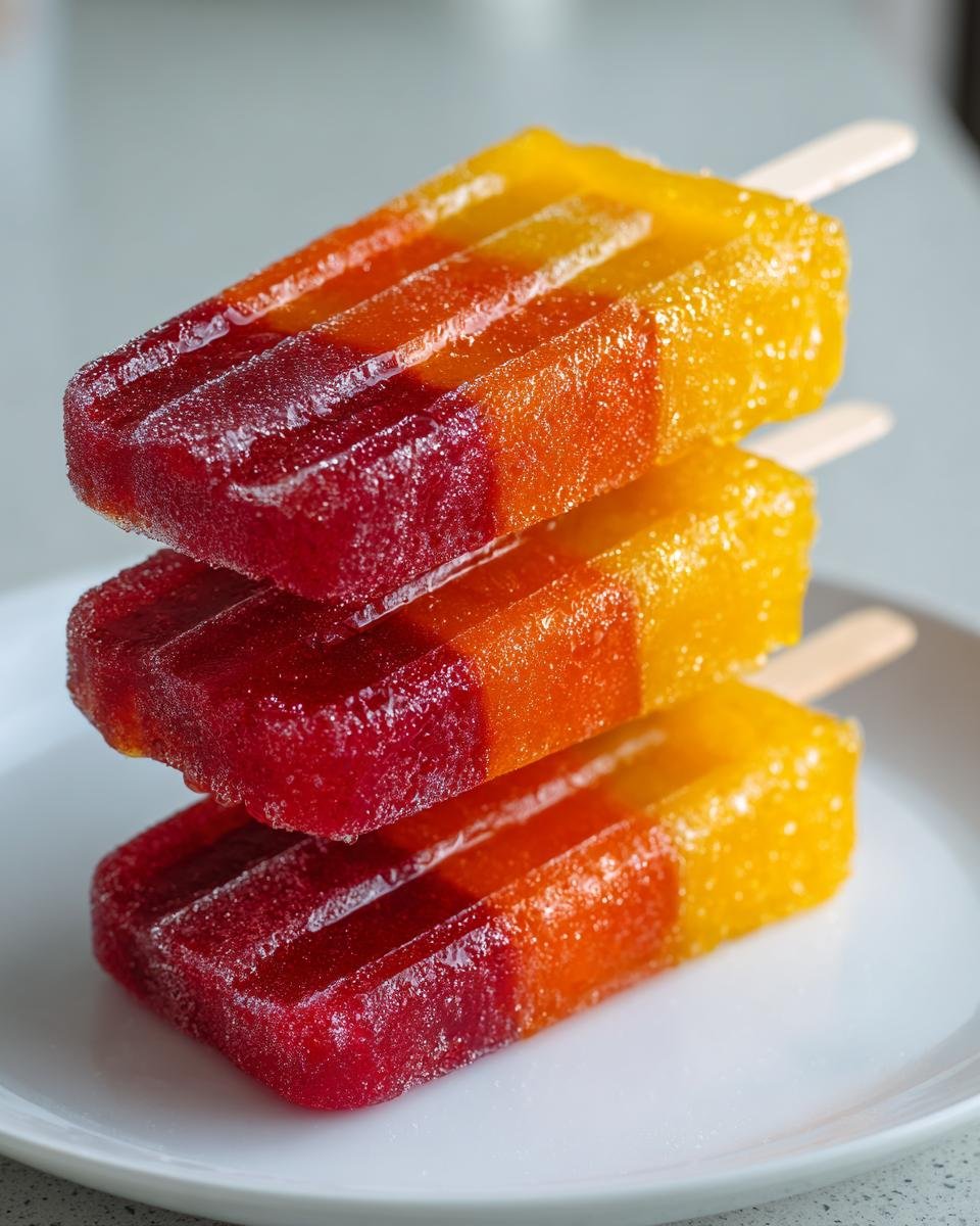 A stack of three colorful, layered Bahama Mama Ice Pops showing red, orange, and yellow frozen layers.