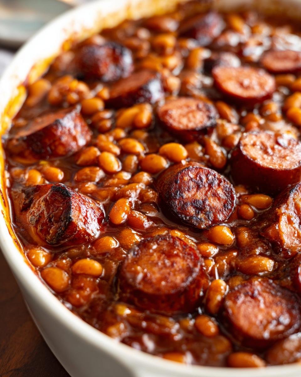 A close-up view of rich, saucy Baked Beans With Smoked Sausage baked in a white casserole dish.