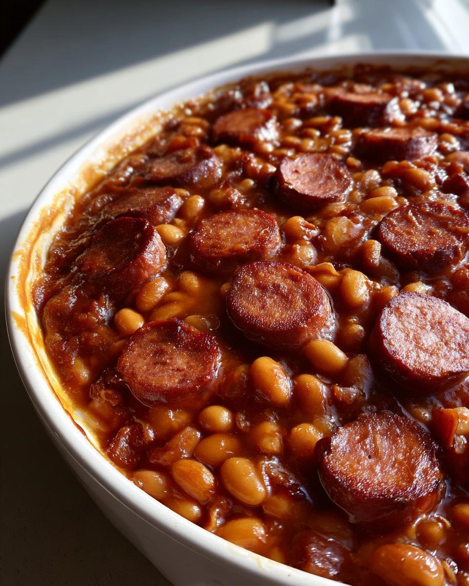 Close-up of a white oval dish filled with rich, saucy Baked Beans With Smoked Sausage slices.