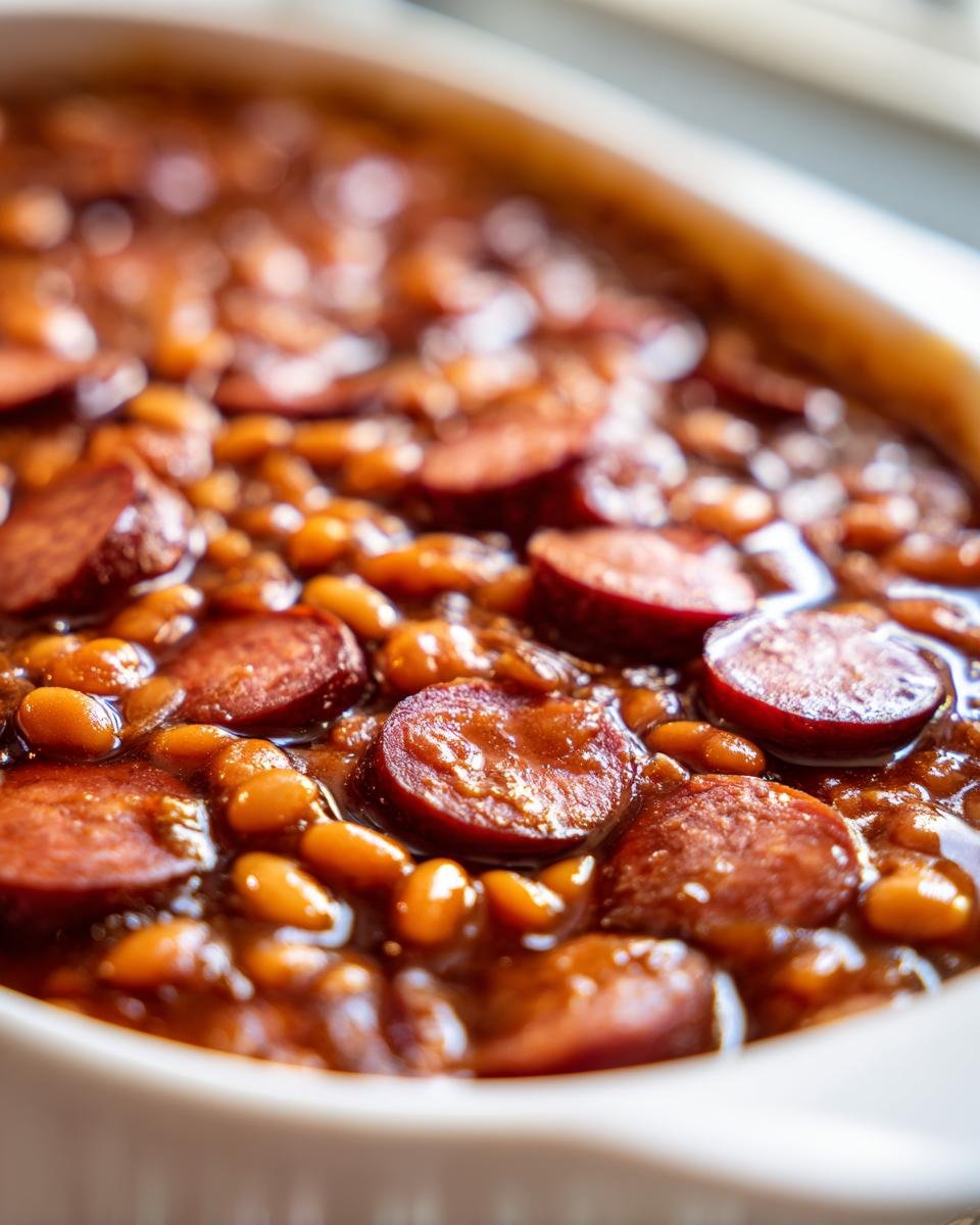 A close-up view of rich, saucy Baked Beans With Smoked Sausage simmering in a white baking dish.