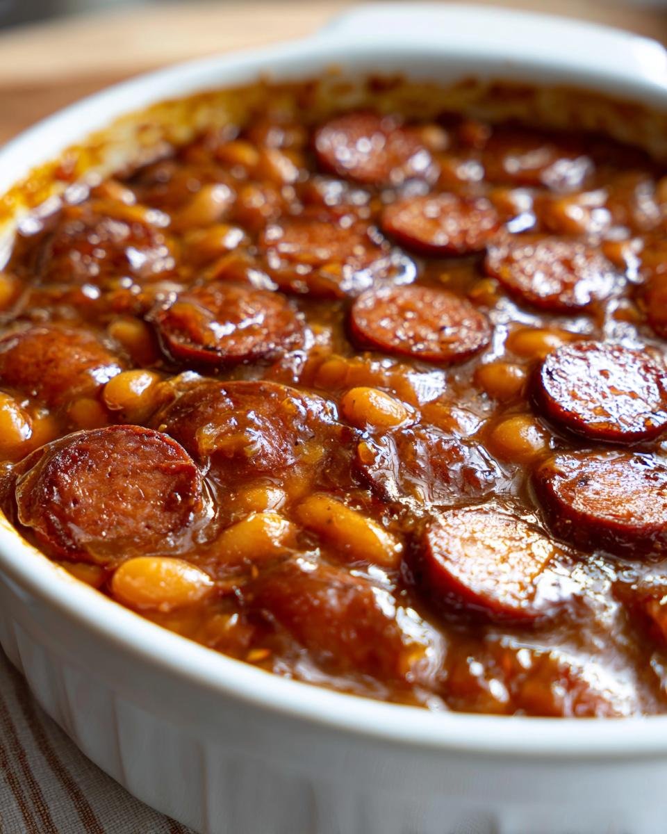 Close-up of rich, saucy Baked Beans With Smoked Sausage in a white oval baking dish.