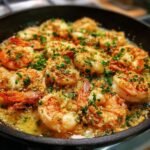 Close-up of juicy shrimp in a skillet covered in breadcrumbs and fresh parsley, ready to serve Baked Shrimp Scampi.