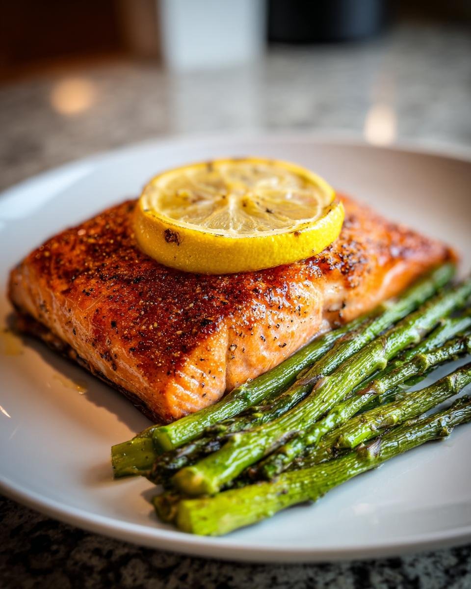 Close-up of perfectly cooked Baked Sockeye Salmon With Asparagus, topped with a fresh lemon slice.