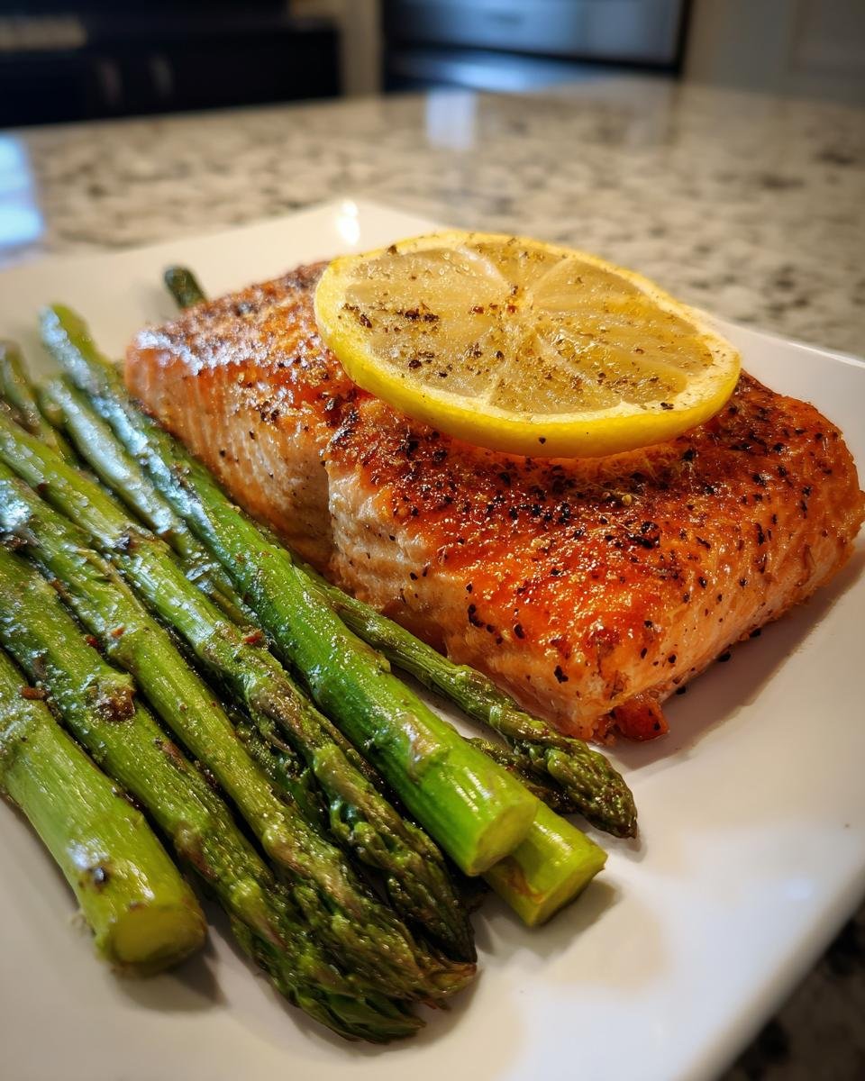 A perfectly cooked fillet of Baked Sockeye Salmon With Asparagus, topped with a slice of lemon.