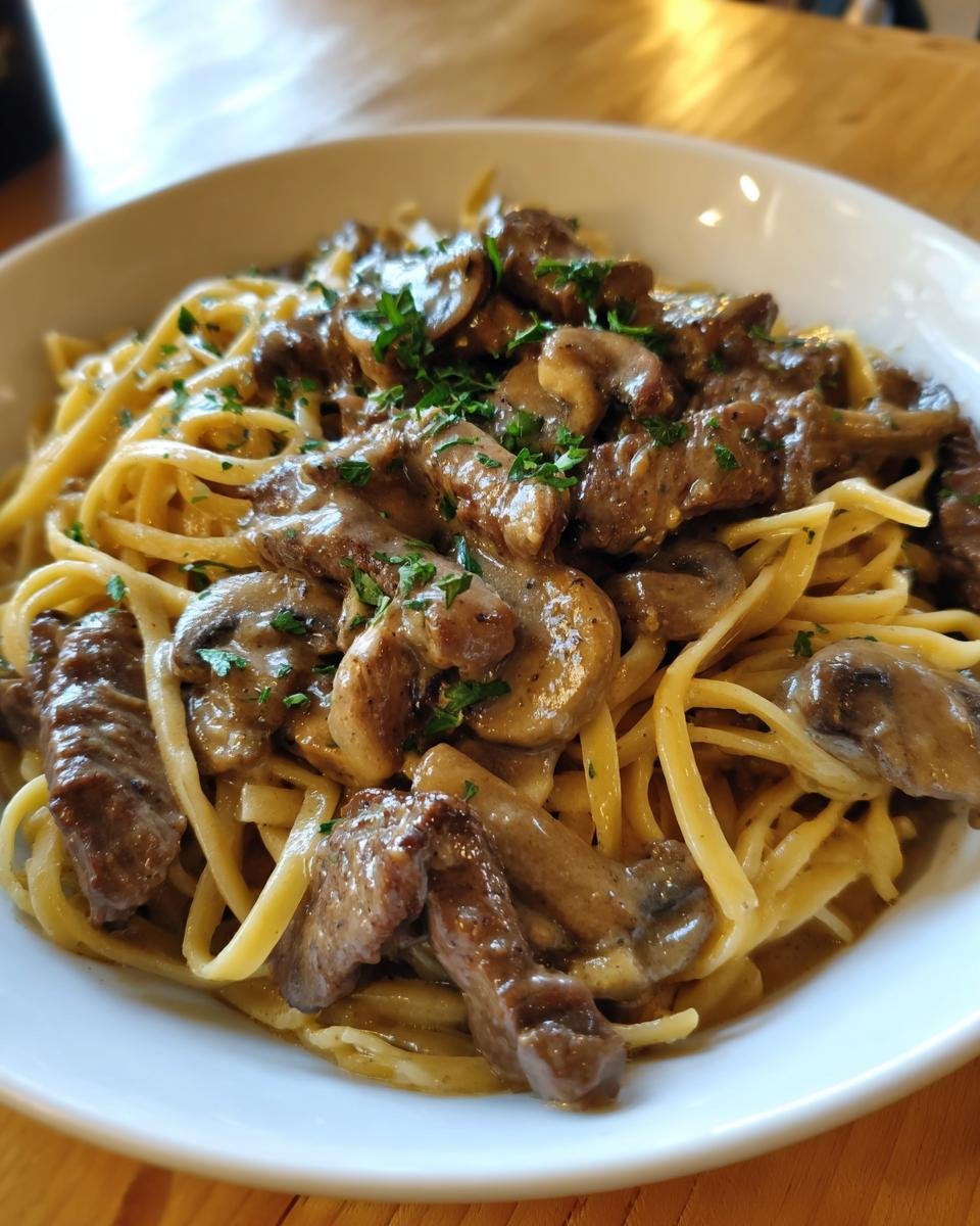 A close-up of rich Beef Stroganoff with tender beef strips and mushrooms served over wide egg noodles, garnished with parsley.