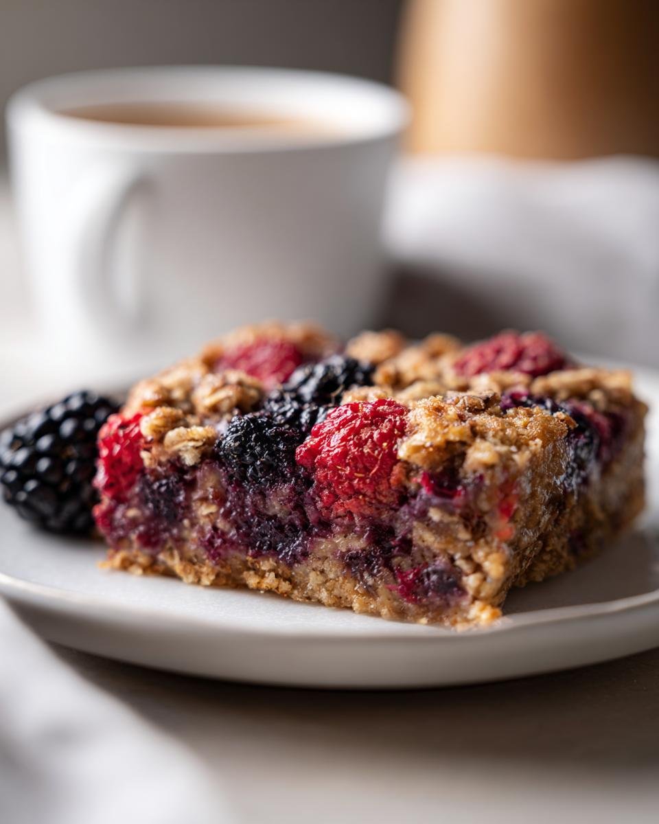 A square slice of Berry Baked Oatmeal topped with raspberries and blackberries, served on a white plate.