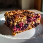 Close-up of a square slice of Berry Baked Oatmeal showing a golden, crumbly top and a dense interior packed with bright red and dark purple berries.