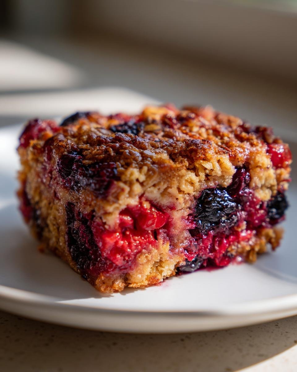 Close-up of a square slice of Berry Baked Oatmeal showing moist oats and vibrant red and dark berries.