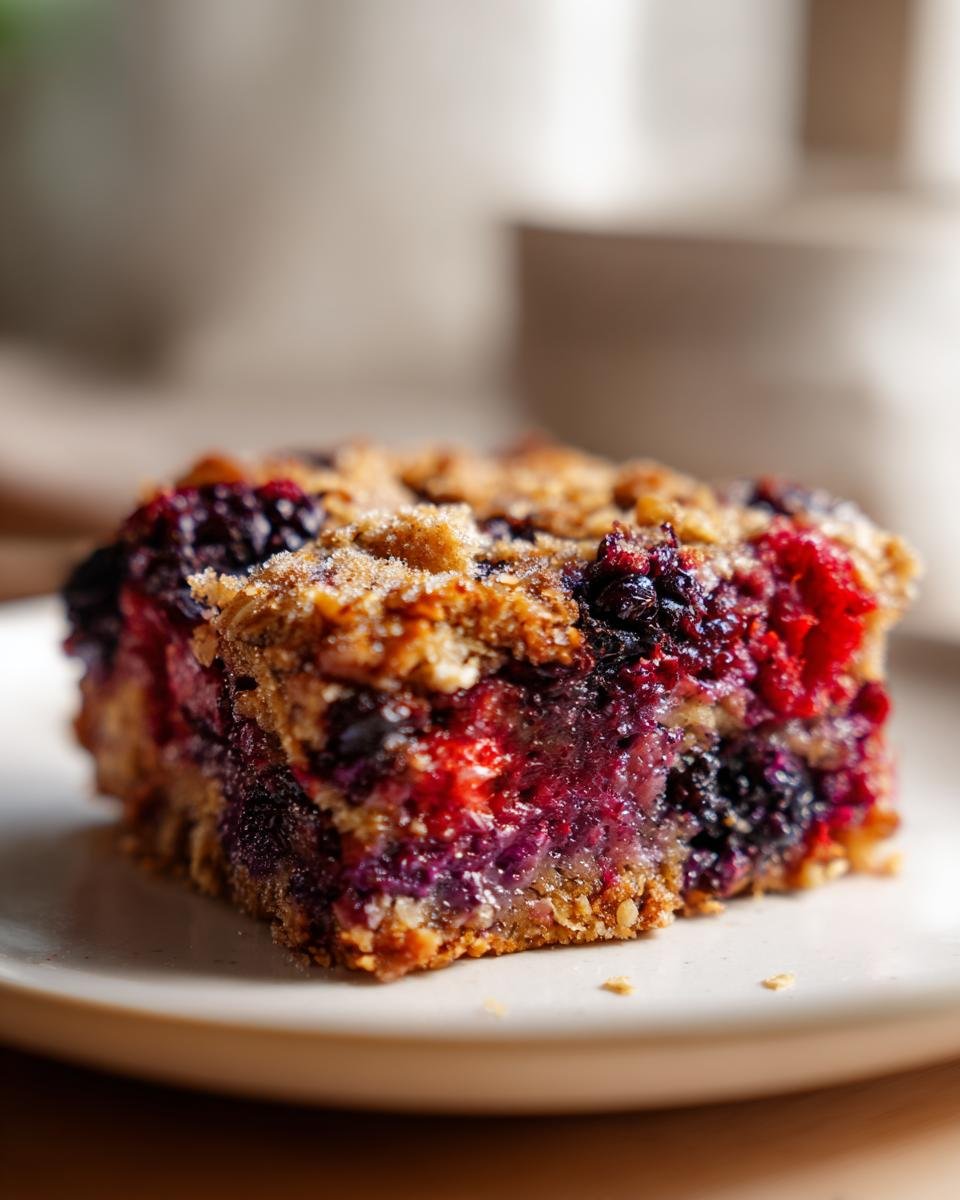 Close-up of a square slice of moist Berry Baked Oatmeal loaded with red and dark berries on a light plate.