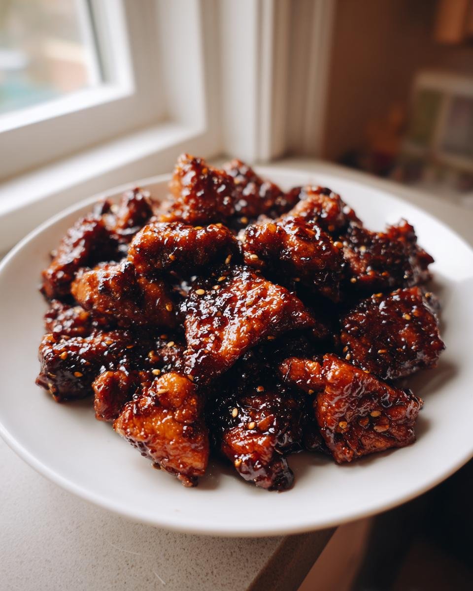 Close-up of sticky, dark glazed Black Pepper Chicken pieces sprinkled with sesame seeds on a white plate.