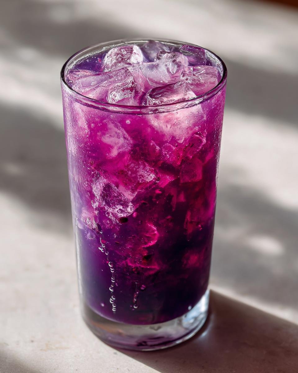 A tall glass filled with vibrant, deep purple Blueberry Agua Fresca and crushed ice, glistening in the sunlight.
