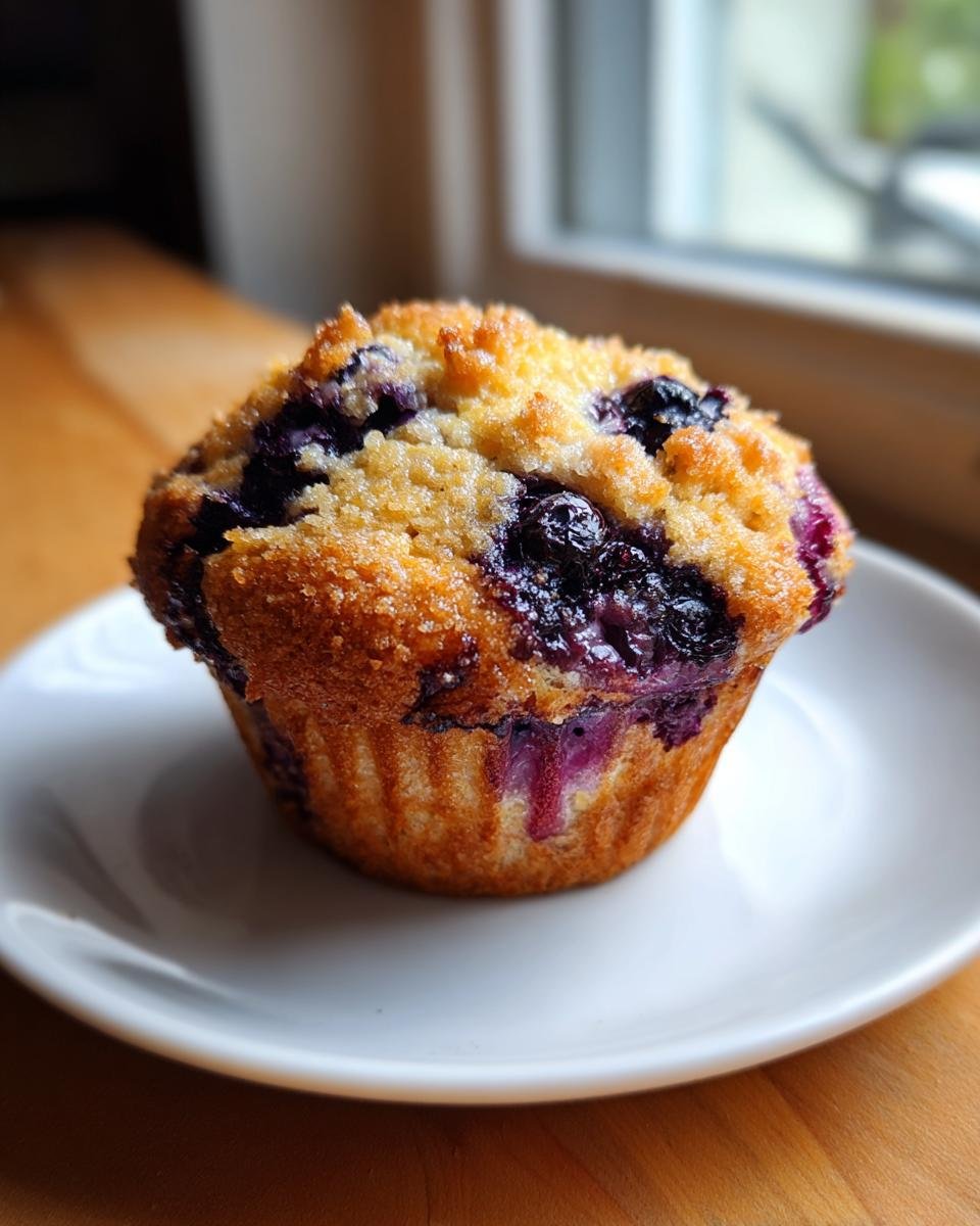Close-up of a freshly baked Blueberry Lemon Muffin with a golden, sugary top, sitting on a small white plate.