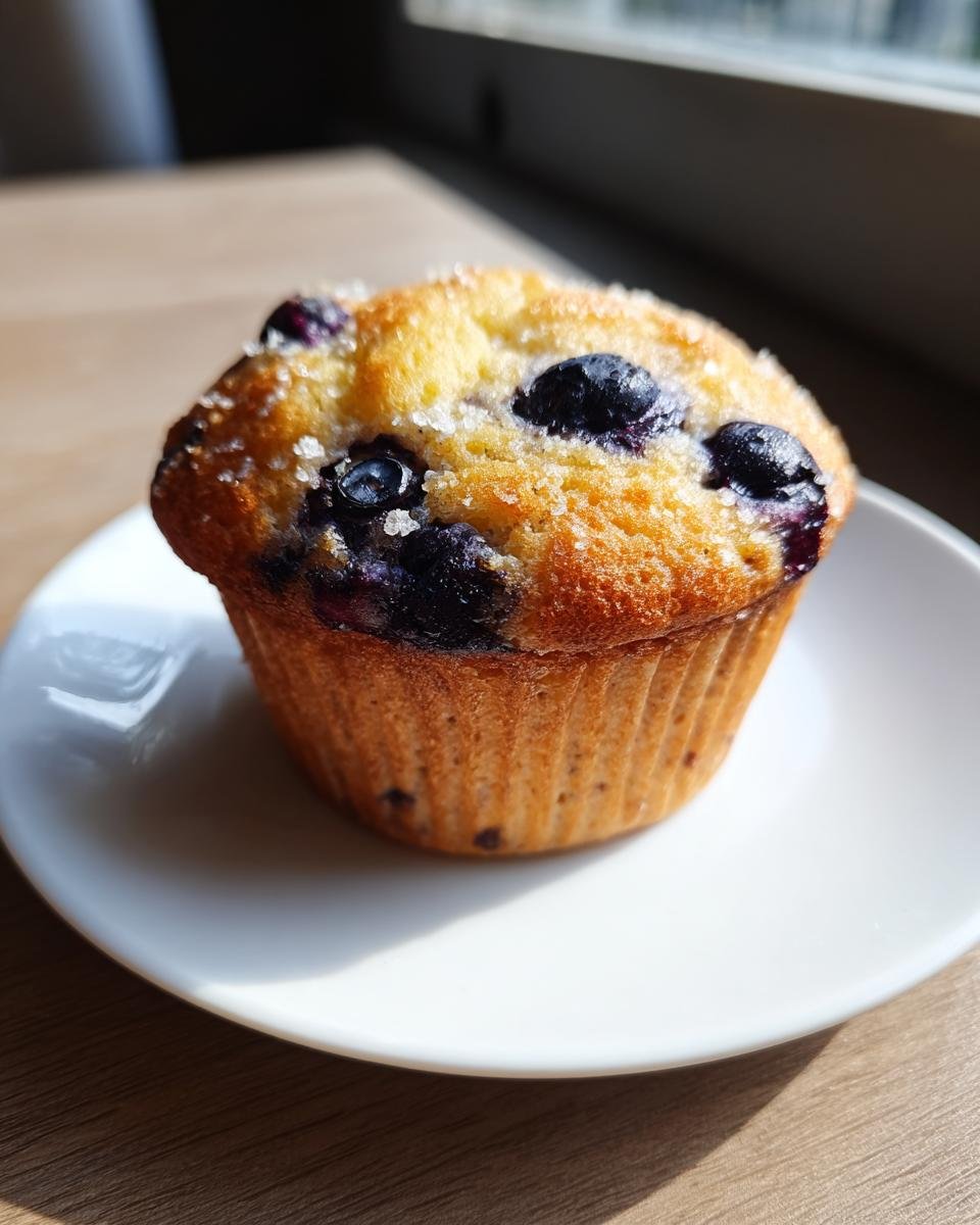 A single, golden-brown Blueberry Lemon Muffin topped with coarse sugar, resting on a white plate.