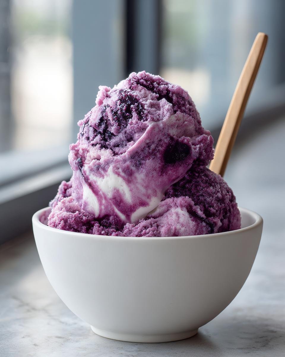 Two scoops of vibrant purple Blueberry Nice Cream swirled with white in a simple white bowl, served with a wooden spoon.