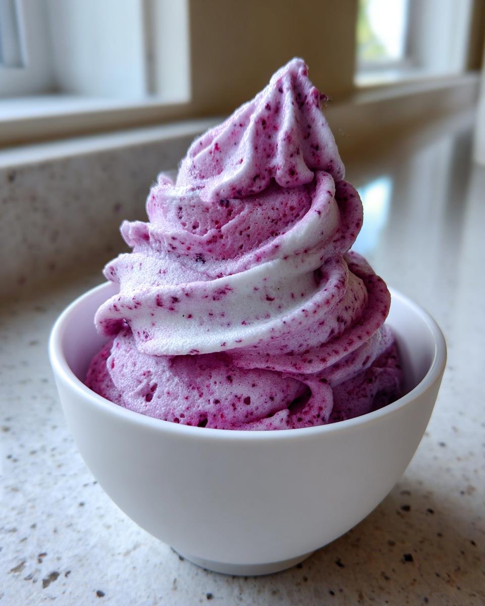 A perfectly swirled serving of vibrant purple Blueberry Nice Cream in a small white bowl.
