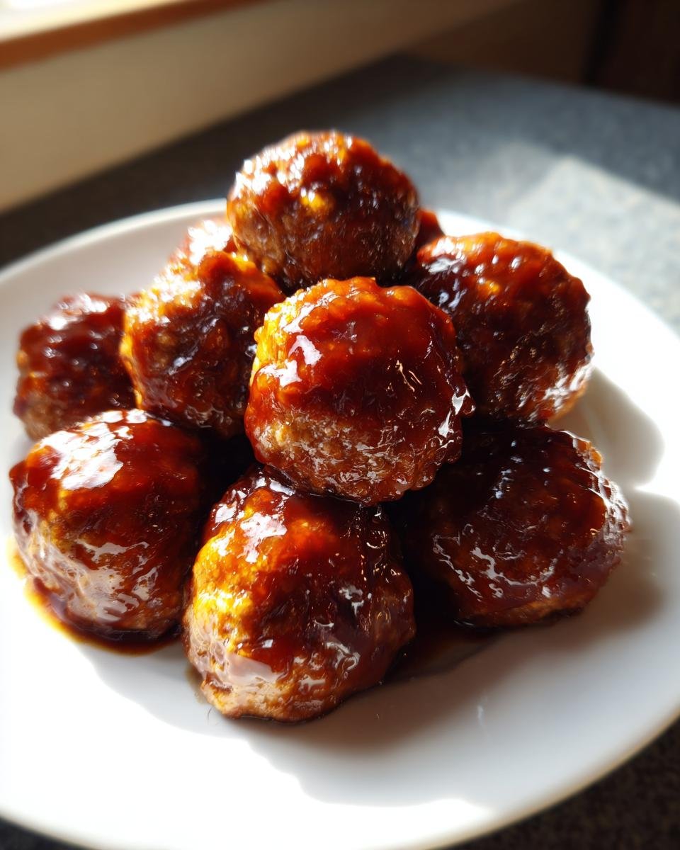 A stack of glistening Brown Sugar Glazed Turkey Meatballs coated in a thick, dark sauce on a white plate.