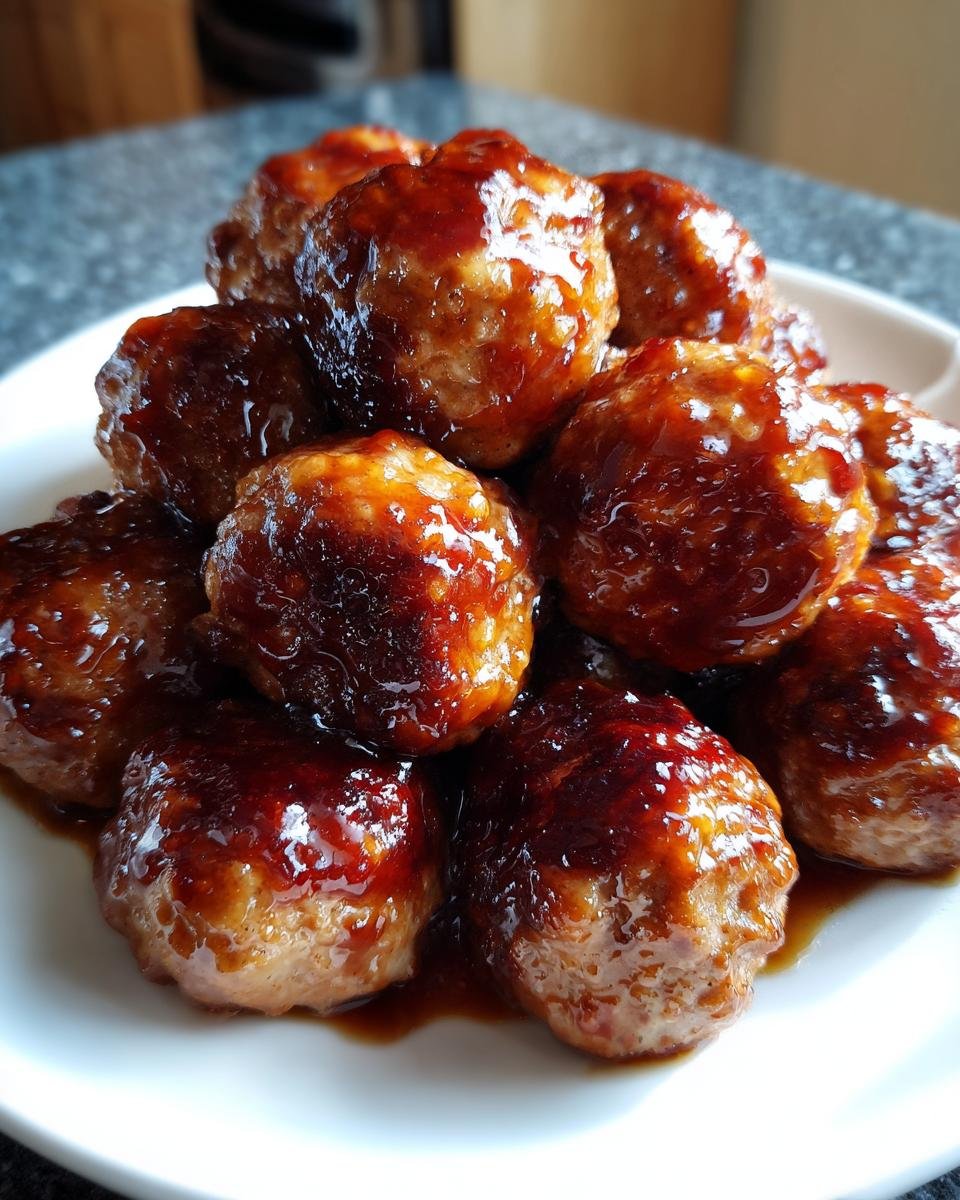 A close-up of several juicy Brown Sugar Glazed Turkey Meatballs piled high and glistening with a thick, dark glaze.