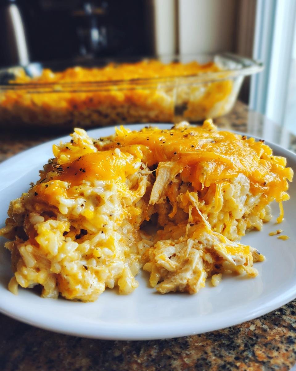 A close-up serving of creamy Buffalo Chicken Rice Casserole topped with melted cheddar cheese on a white plate.