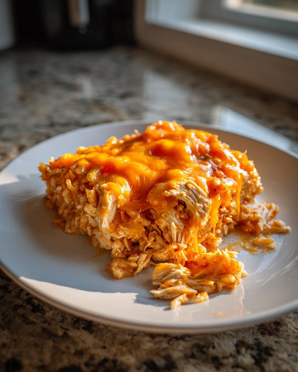 A close-up serving of Buffalo Chicken Rice Casserole topped with gooey, melted cheddar cheese on a white plate.