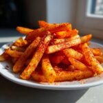 A close-up of a mound of golden, thick-cut Cajun Fries heavily dusted with bright red seasoning mix.