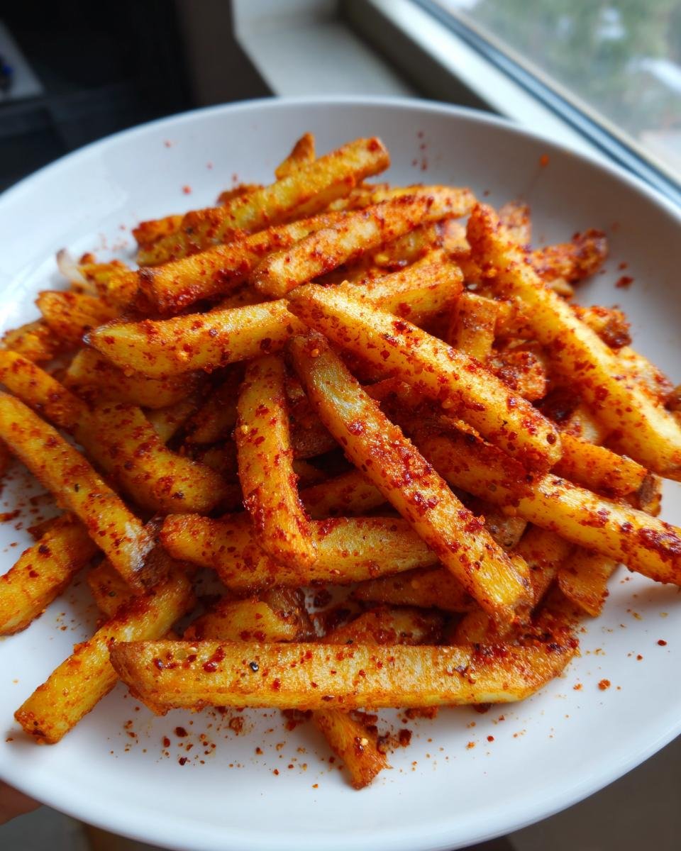 A close-up of golden french fries heavily coated in bright red seasoning, served on a white plate, ready to eat as Cajun Fries.