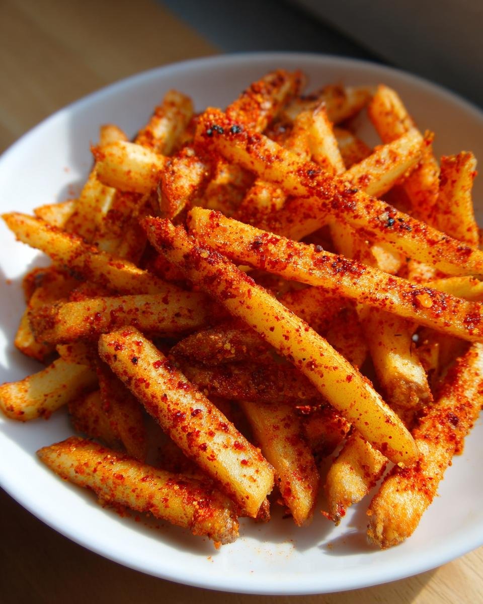 Close-up of golden french fries heavily coated in vibrant red seasoning, known as Cajun Fries, served in a white bowl.