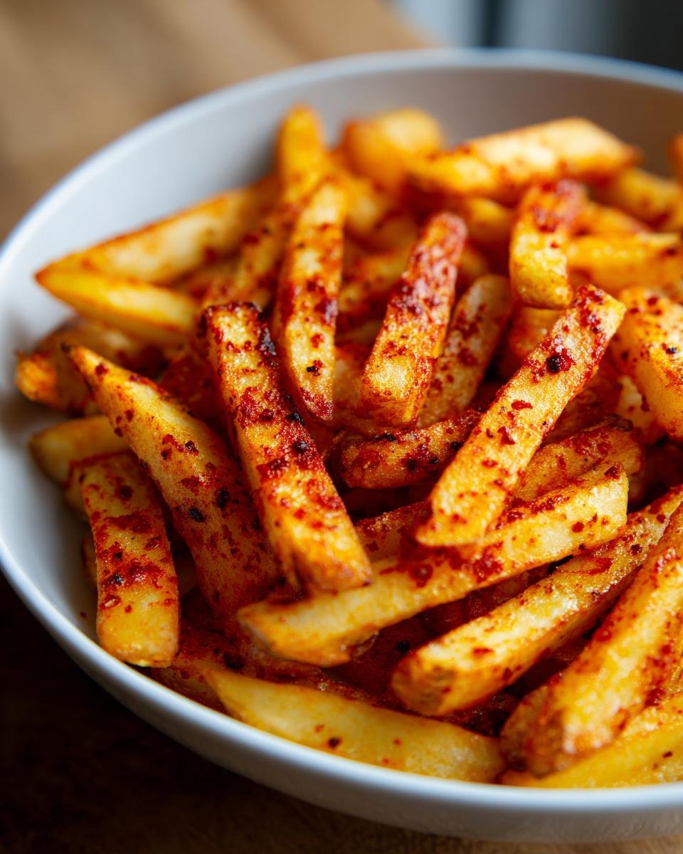 Close-up of golden, thick-cut french fries heavily seasoned with vibrant red spice mix, known as Cajun Fries.