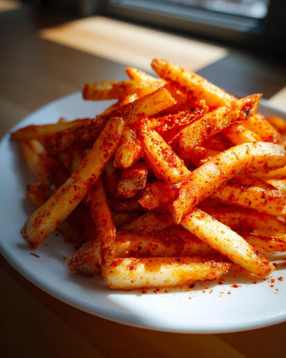 A close-up of golden french fries heavily coated in vibrant red seasoning, ready to eat as Cajun Fries.