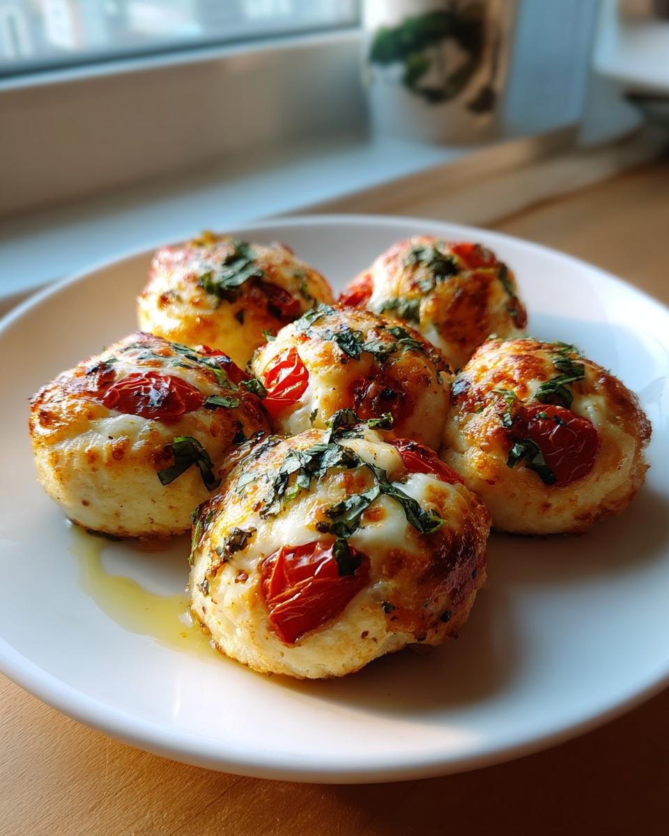 Six golden-brown Caprese Cheese Bombs topped with melted mozzarella, roasted cherry tomatoes, and fresh basil.