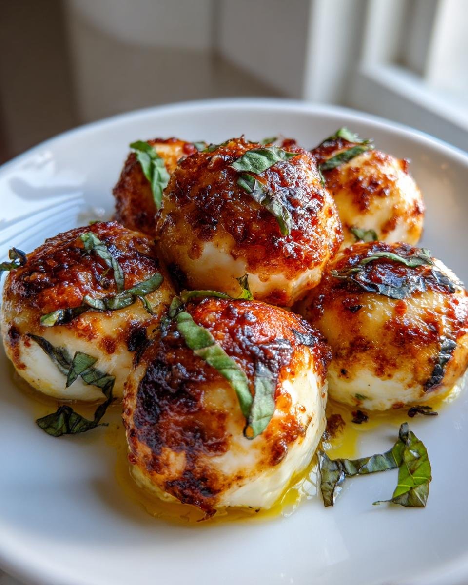 Close-up of five golden-brown, pan-seared Caprese Cheese Bombs drizzled with oil and topped with fresh basil.