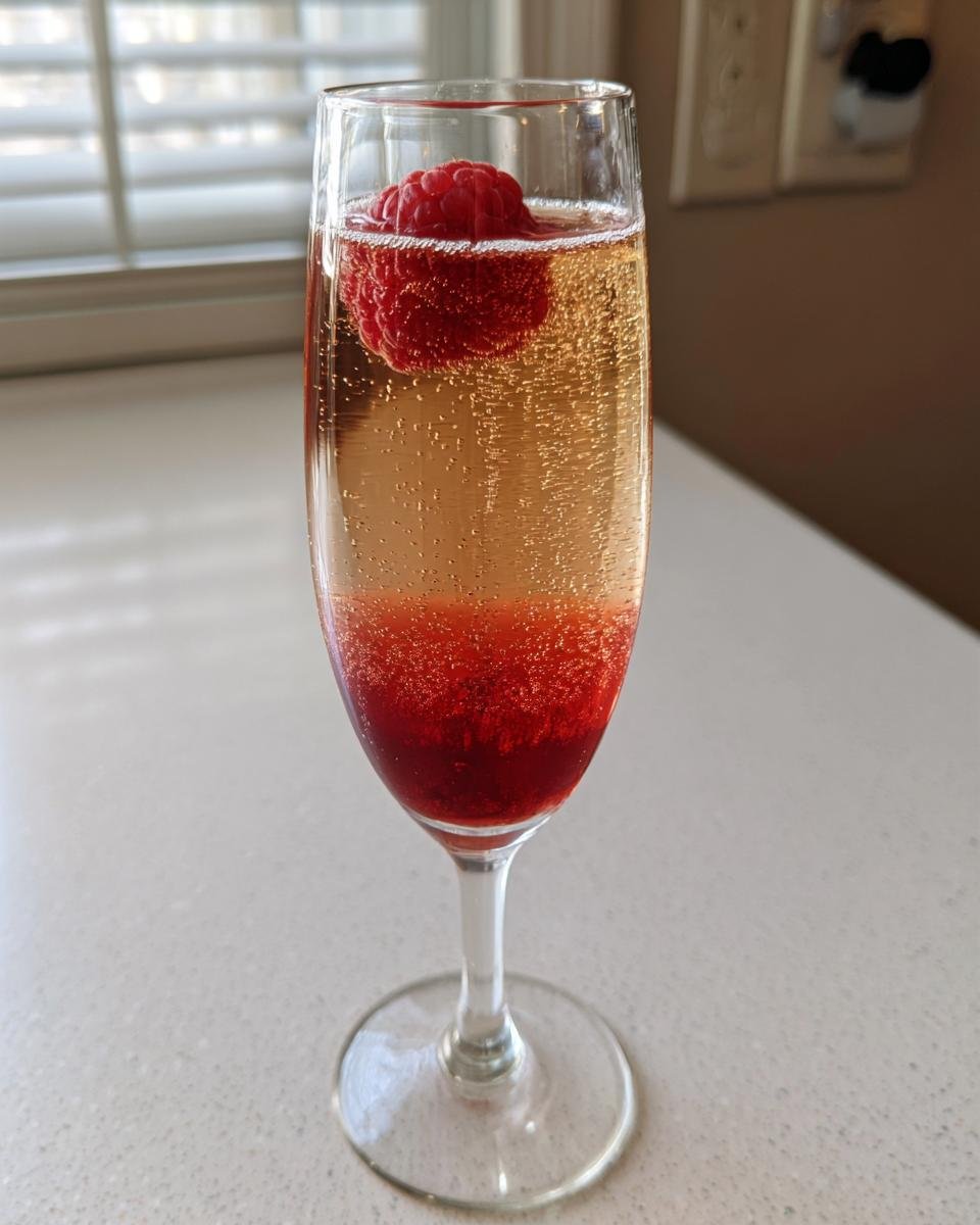 A tall champagne flute containing a Chambord Bellini, showing the red liqueur settling at the bottom and a fresh raspberry floating on top.